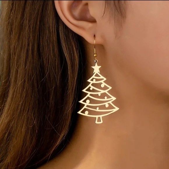 Gold Christmas Tree Earrings Holiday Festive - Picture 1 of 10